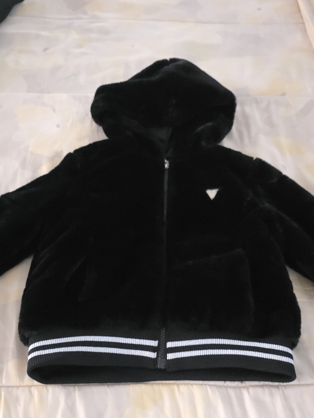 Guess Girl's Black Faux-Fur Hoodie with Silver Striped Hem